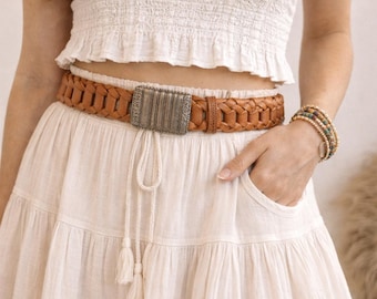 Leather  Braided/woven Belt Pewter toned buckle Size S