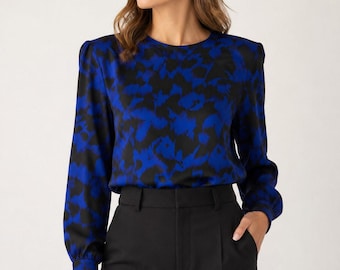 Tan F Jay Vintage Blue Black Abstract Shoulder Pad Blouse Women's Size 12