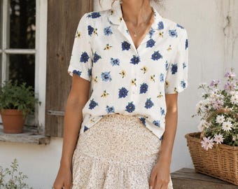Classic Fashions Vintage Floral Button Front Blouse Women's Medium Cottage