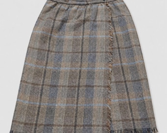 Vintage Parsons Place Wool Blend Plaid Wrap Skirt Fringe Hem size 12