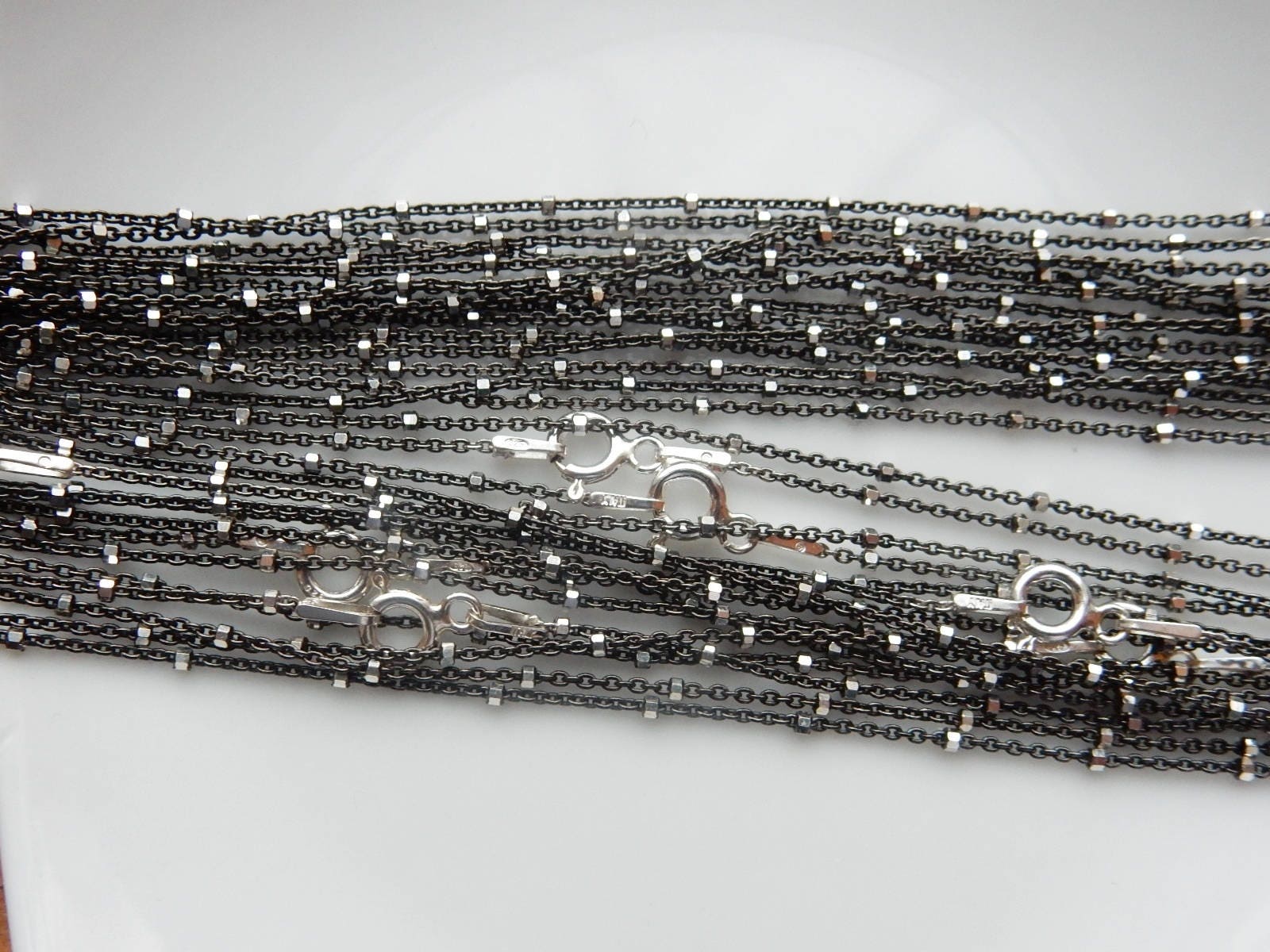 Black Rhodium Sterling silver finished cable satellite chain with ste…