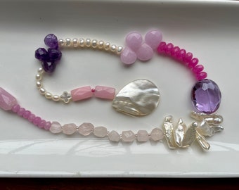 16 inches Multicolor gemstone strand, rose quartz, pink jade, white pearl, , crystal, mother of pearl, purple jade, amethyst