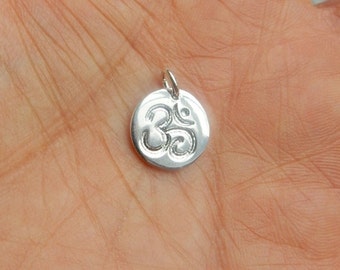 Sterling silver round om charm, yoga necklace  (12mm) .925 plated sterling silver