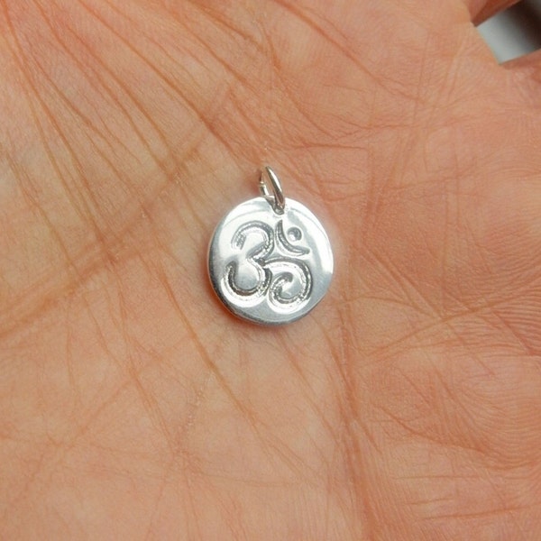 Sterling silver round om charm, yoga necklace  (12mm) .925 plated sterling silver