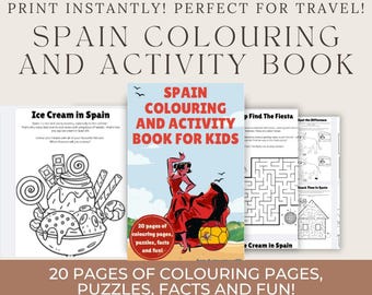 May include: A children's activity book titled "Spain Colouring and Activity Book" with a red and yellow cover featuring a flamenco dancer. The book includes coloring pages, puzzles, facts, and fun activities. The book is perfect for travel.