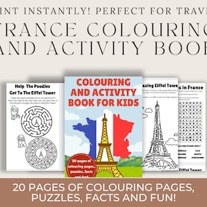 20 France coloring book, activity book, for kids. Travel destinations, colouring, puzzles, fun facts. Paris. Kids colouring for travel!