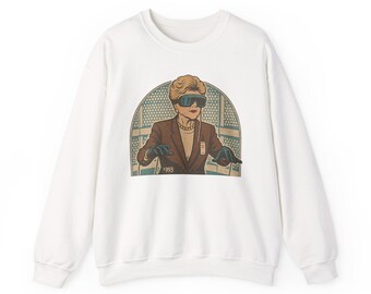 Woman VR Gamer Illustration Crewneck Sweatshirt | Retro Virtual Reality Design