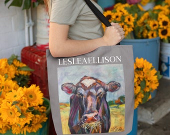 Cow Tote Bag Grocery Craft Bag AOP Simple Tote Bag Farm to Table Dairy Farm Garden Grow Eat Fresh Original Artwork By LesLea Ellison