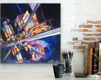 Time Square, New York Wall Decor, City Scape Oil Painting, Night in the City, City Art, New York City, Exclusive Design By LesLea Ellison