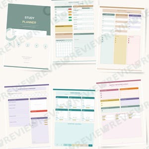 May include: A set of six printable study planner pages featuring a muted color palette of sage green, beige, yellow, and soft pink. The pages include sections for weekly and daily planning, exam overviews, study sessions, and monthly goals.