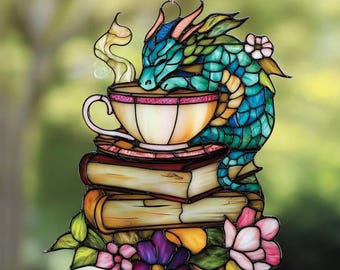 Suncatcher Dragon and Book Tea Window Hanging – Fantasy Reader Ornament, Dragon Sleeping on Tea Cup with Books – Window Hanging