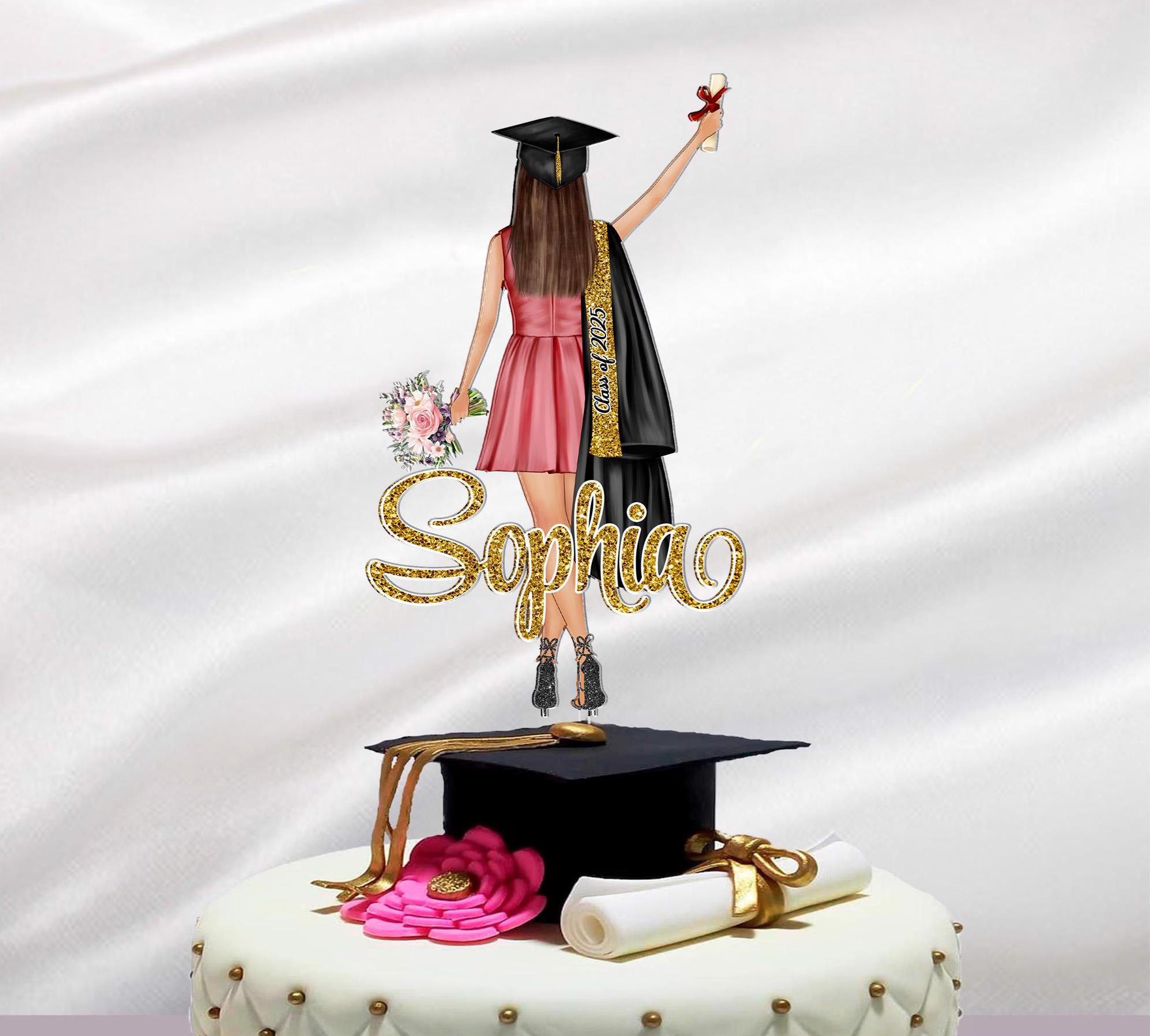 Custom Cake Topper – Personalized Name Graduation Cake Decoration – Class of 2025 Elegant Girl Graduate Topper – Graduation Party Decor
