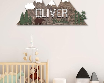 Personalized Name Sign, Mountain nursery decor, baby name sign, Woodland decor, Woodland theme nursery, Nursery name sign for boys girl