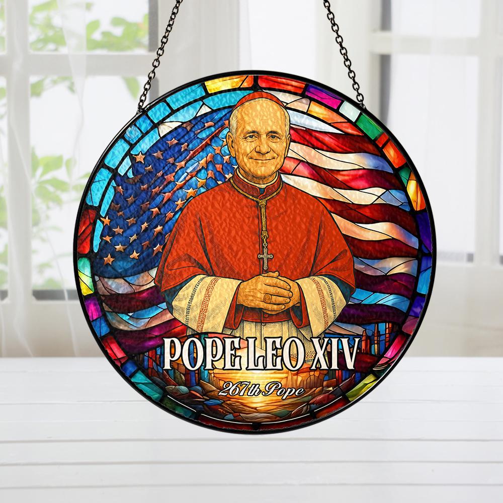 Custom Pope Leo Stained Glass Suncatcher – Catholic Religious Window Hanging Ornament – Christian Home Décor for Clergy, Priests, Bishops