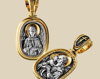 Orthodox Double-Sided Icon Pendant- the Virgin Mary and Blessed Matrona: Sterling Silver, Gold Plated