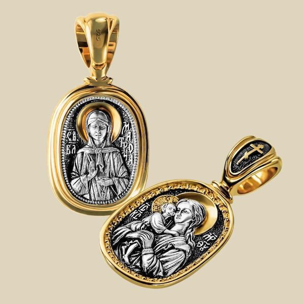 Orthodox Double-Sided Icon Pendant- the Virgin Mary and Blessed Matrona: Sterling Silver, Gold Plated