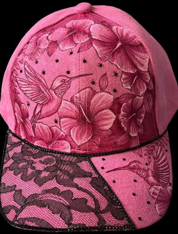 Hummingbirds & hibiscus, hand-burned using a wood burning tool. Sparkling black rhinestones, black lace. Pink vegan (faux) suede.