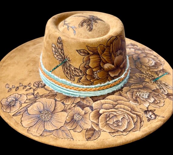 Flower garden and dragonflies, Rustic Elegance Hand-Burned Vegan Suede Wide Brimmed round dome Hat