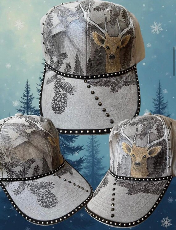 Hand-Burned and Hand-Painted Fancy Deer Ball Cap with Rhinestones
