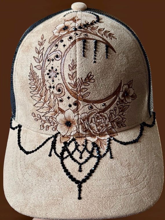 Bling in the monnlight, hand-burned Vegan (faux) suede tan with black mesh back. Hand attached black rhinestones.