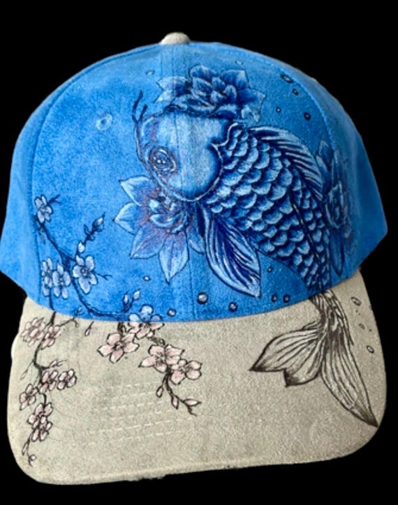 Cherry blossoms and koi fish hand-burned on Vegan (faux) suede ball cap.