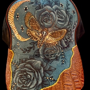 Finished custom example: teal death's head moth trucker hat