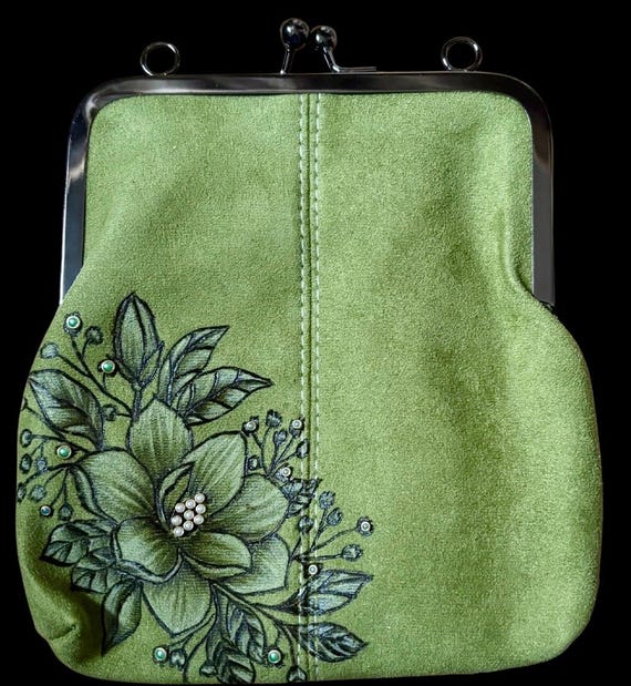 Faux Suede Hand-Burned and magnolia design, green clutch/purse. Pearlized stone jewels in flower centers. 2 types detachable straps.