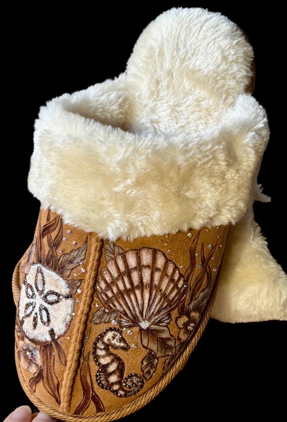 Under the sea, Hand-Burned  Slippers, with a touch of subtle colored water resistant paint, and sparkling embellishments, Women's Size 9