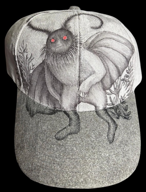 MOTHMAN legend inspired hand-burned on Vegan (faux) suede ball cap.