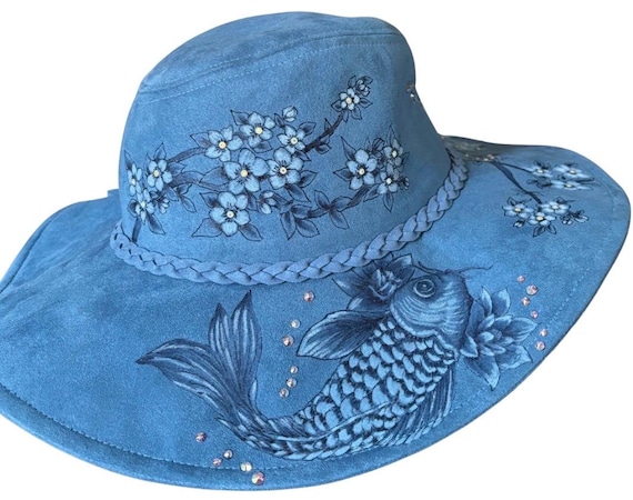 Hand-Burned cherry blossoms and koi fish, gorgeous Swarovski crystals, light blue vegan suede floppy wide brim. Wearable Art