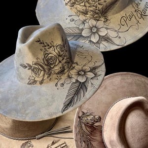 Finished custom examples with 1/4 of the hat burned, $99 tier