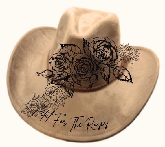Custom roses and wording. Wide brim fedora, camel tan, sides shaped up for cowboy hat effect