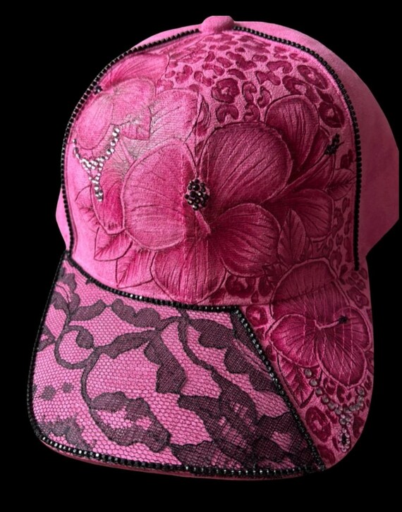 Barbie pink, hand-burned Vegan (faux) suede ball cap. Hibiscus flowers, rhinestones, black lace.