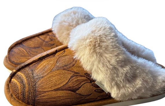 Sunflower Hand-Burned slippers. Design burned into faux suede cozy slippers with a wood burner. Women size L (9/10)