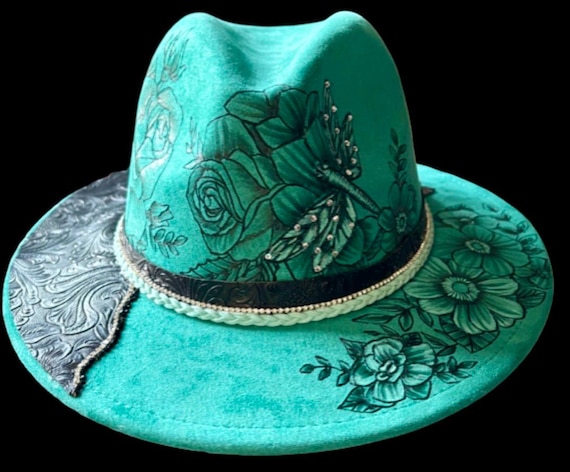 Hand-Burned Butterfly Dragonfly Floral, short brim Fedora, peacock green Vegan Suede Hat, Special hat Band, rhinestones, black faux leather