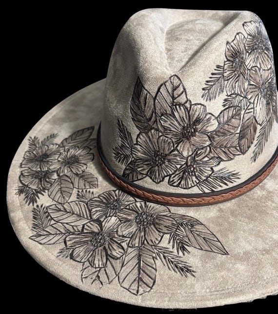Hand-Burned Rustic Floral & Pine. Vegan Suede Wide Brimmed Hat