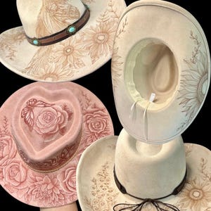Finished whole-hat examples: hand-burned wide brim and cowboy hats with painted highlights and matching bands, $199 tier
