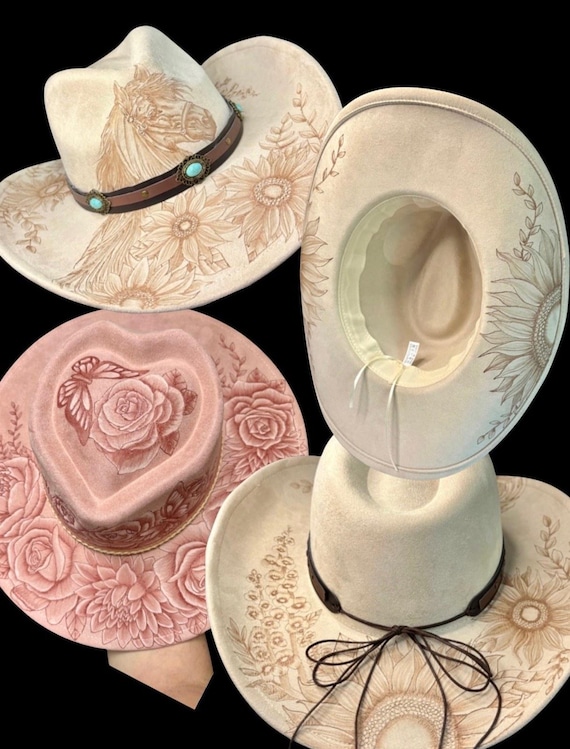 Custom Hand-Burned Wide Brim or Cowboy Hat, Personalized Vegan Suede Fedora, Heart Top or Cowgirl Hat in Your Color and Design