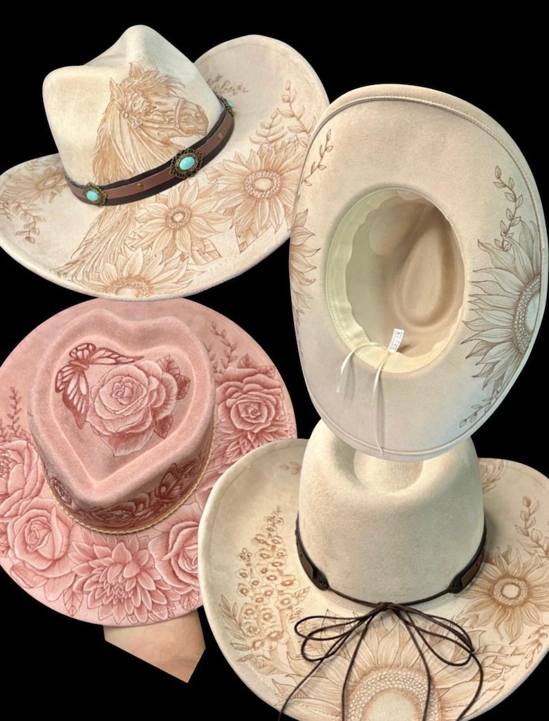 Finished whole-hat examples: hand-burned wide brim and cowboy hats with painted highlights and matching bands, $199 tier