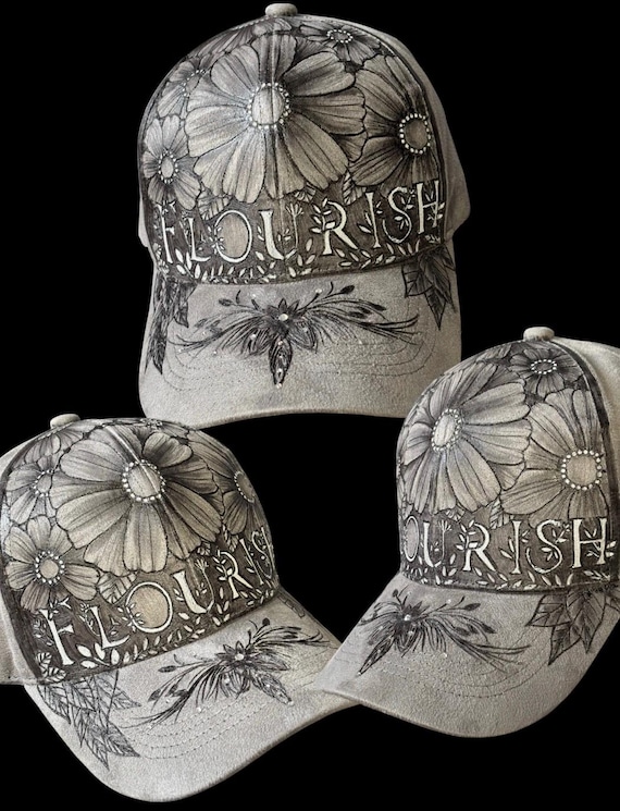 Flourish hand-burned grey Vegan (faux) suede ball cap. Flowers, rhinestones, mesh ponytail back