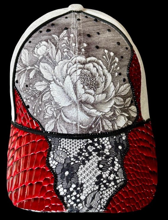 Bold and beautiful Hand-Burned Vegan Suede Ball Cap, Peony, black Lace Brim, red faux snake skin, black rhinestones