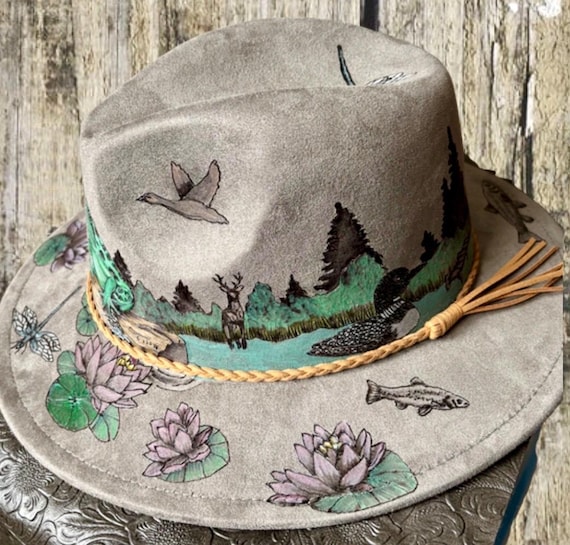 Summer at the lake Fedora! Lake scenes hand-burned using a wood burning tool, then hand painted.