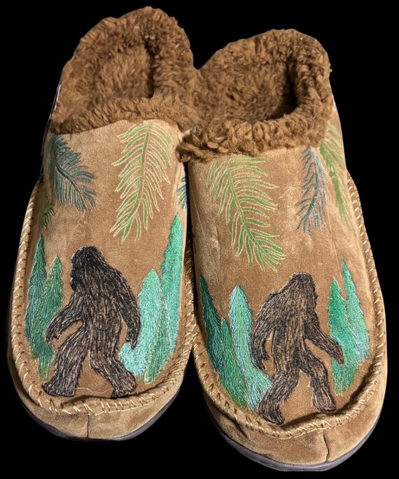 Sasquatch hand-burned and painted slippers.