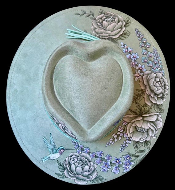 Hummingbirds, Swarovski crystals, made to order, Hand-Burned & painted Vegan Suede Wide Brimmed Hat. Thicket green with heart shape crown.