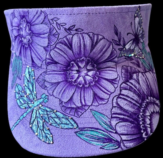 Butterfly, Dragonfly garden theme.  Hand- burned. Vegan (faux) suede purple visor.  Hand painted with permanent acrylic paint. Rhinestones.