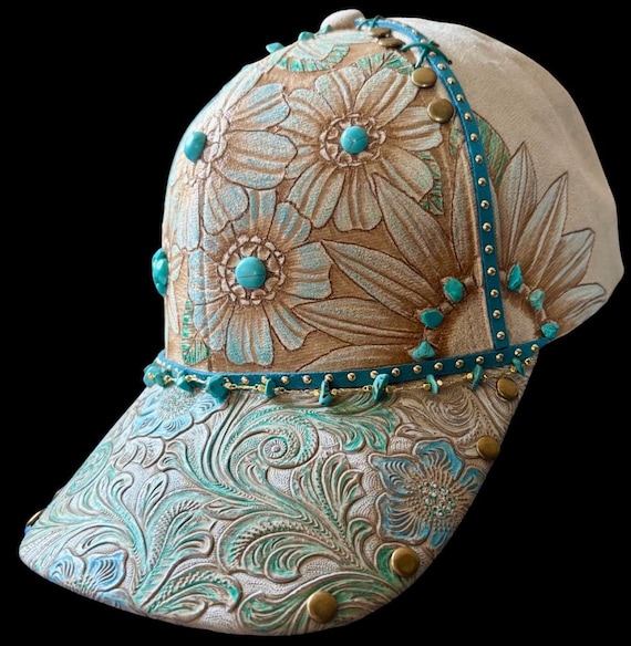 Hand-Burned Vegan Suede Ball Cap, faux leather brim, teal, turquoise, and bronze accents, Adjustable Slide Back