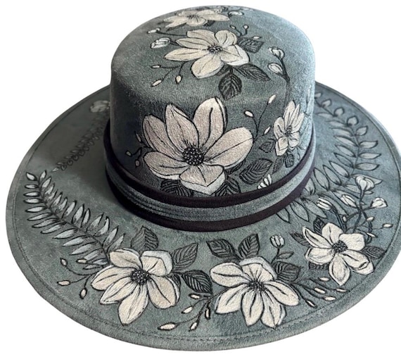 Magnolia Elegance Hand-Burned Vegan Suede Wide Brimmed Hat, round dome grey