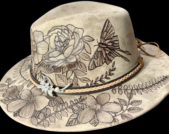 Hand-Burned Floral & Luna Moth, Faux Suede Short Brim Fedora Hat. One size fits most adults.