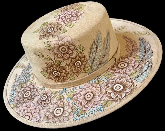 Hand-Burned Vegan Suede Hat, Woodland Floral Feathers Design, Medium Adult Size