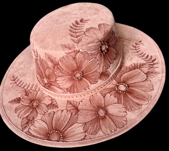Dusty Pink, Free-Hand Drawn and Hand-Burned (using a wood burner)Vegan Suede (faux suede) Wide Brimmed Hat, round flat top dome